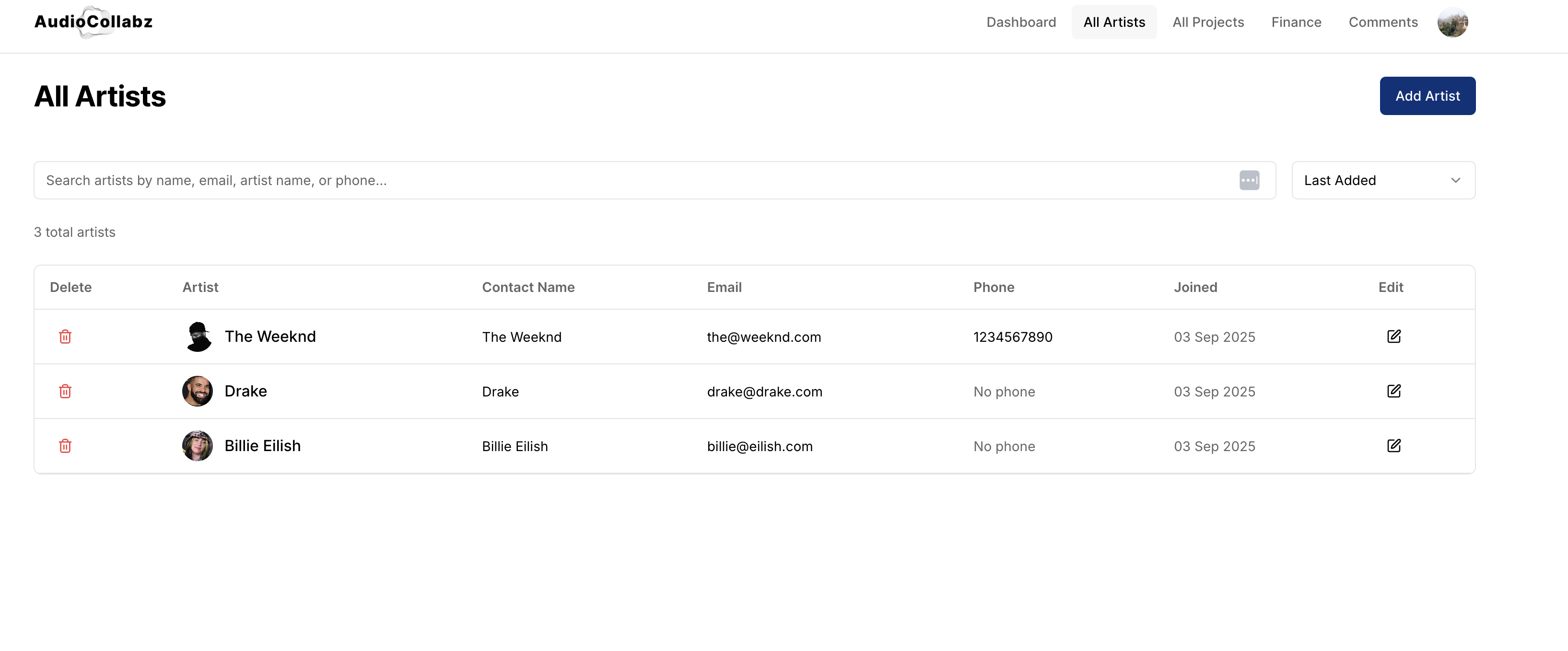 AudioCollabz All Artists View
